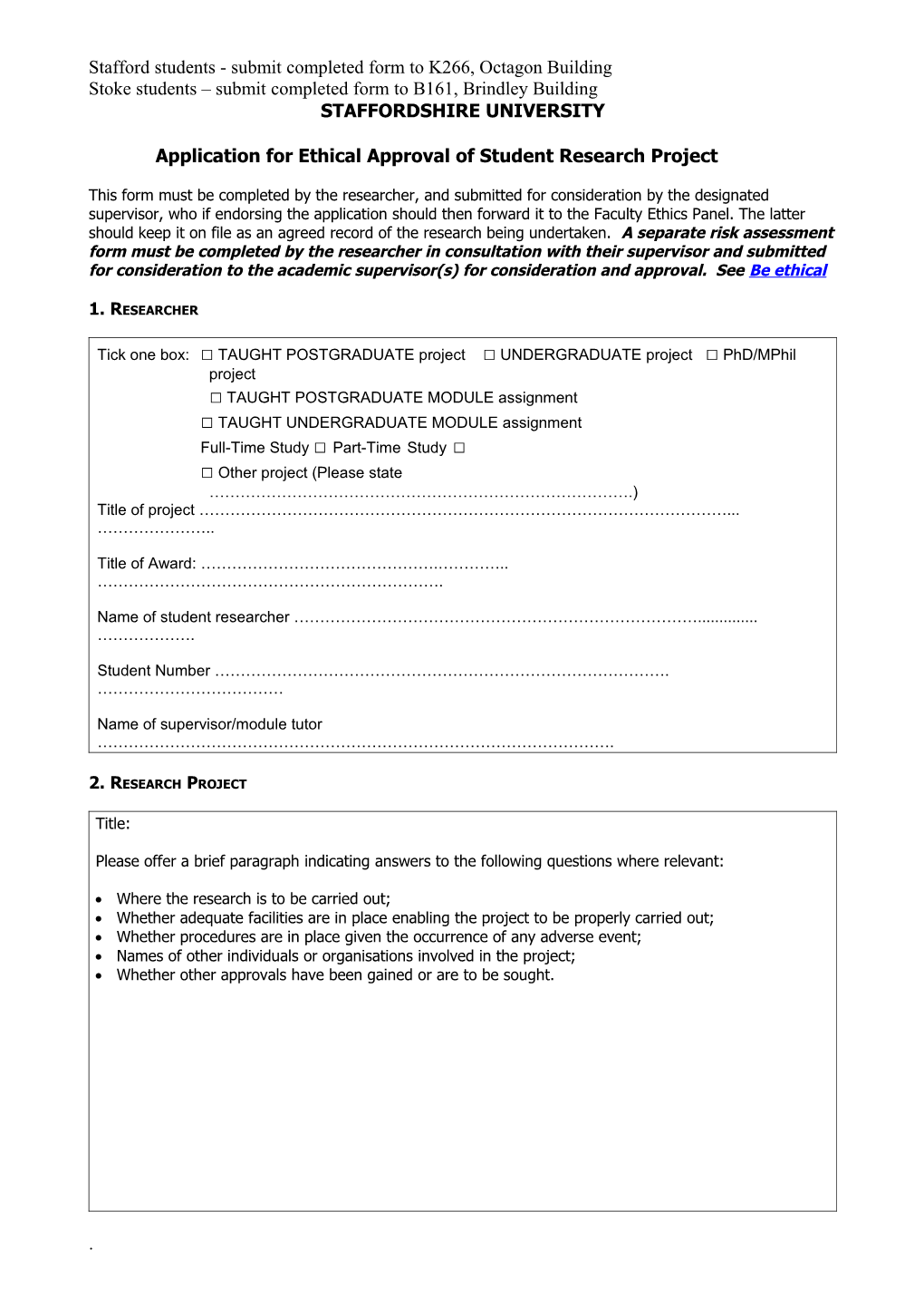 Application for Ethical Approval of Student Research Project