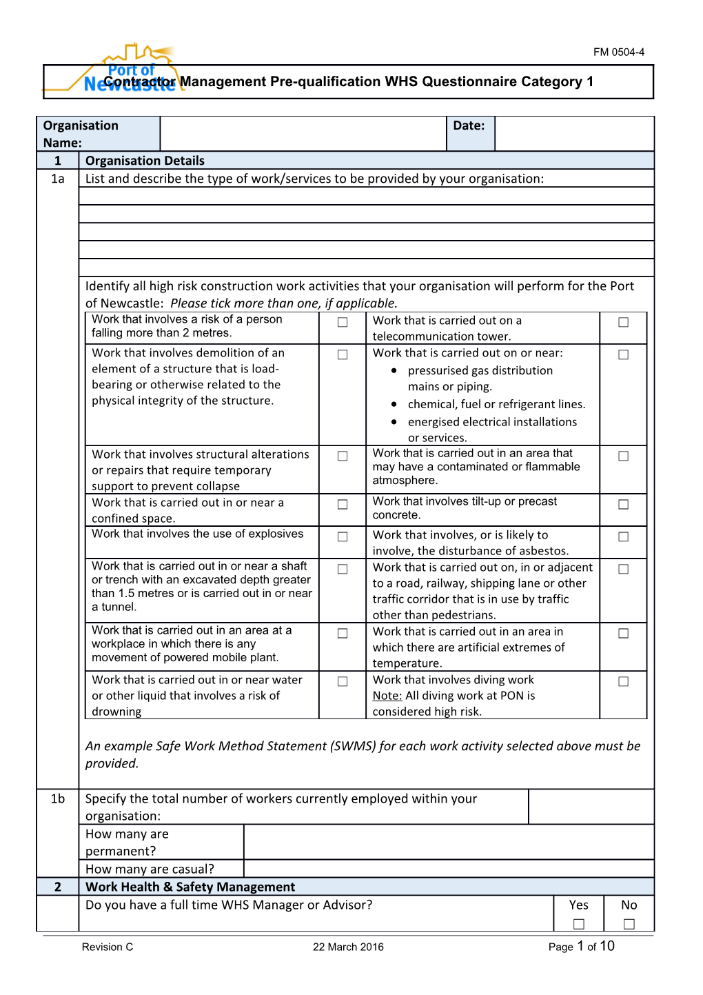 Contractor Management Pre-Qualification WHS Questionnaire Category 1