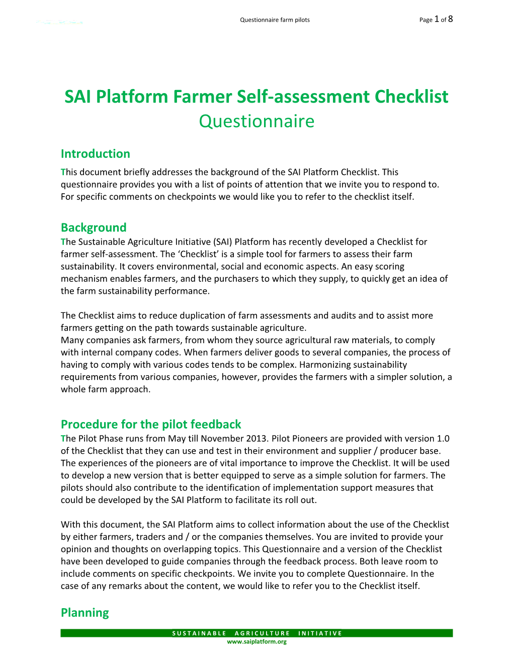 SAI Platform Farmer Self-Assessment Checklist