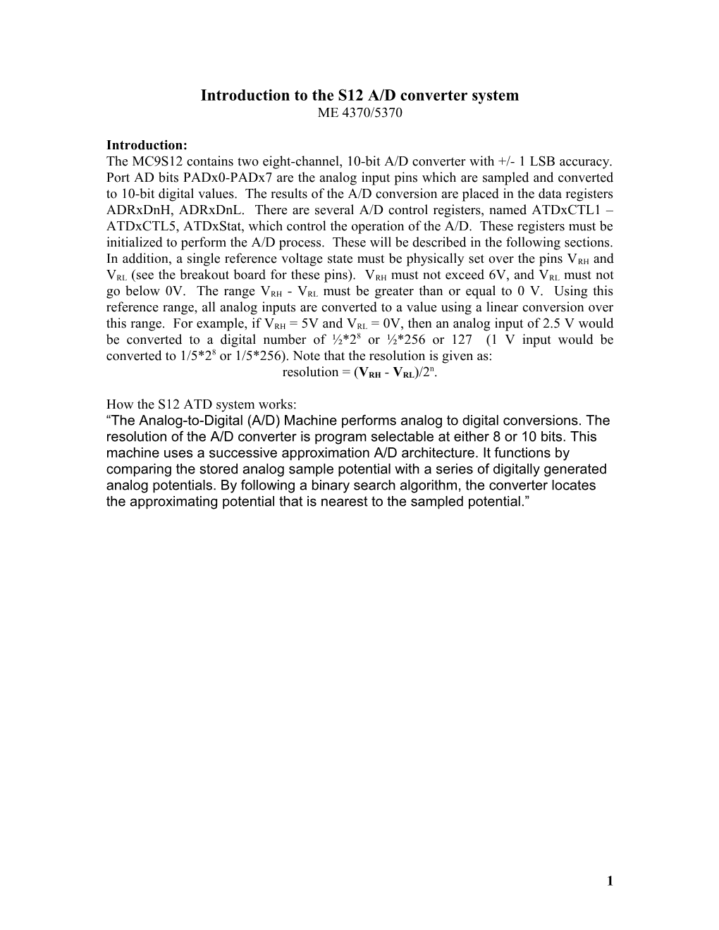 Introduction to the S12 A/D Converter System