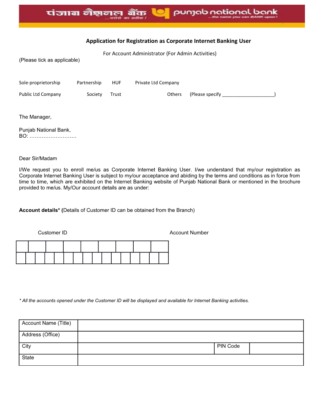 Application for Registration As Corporate Internet Banking User