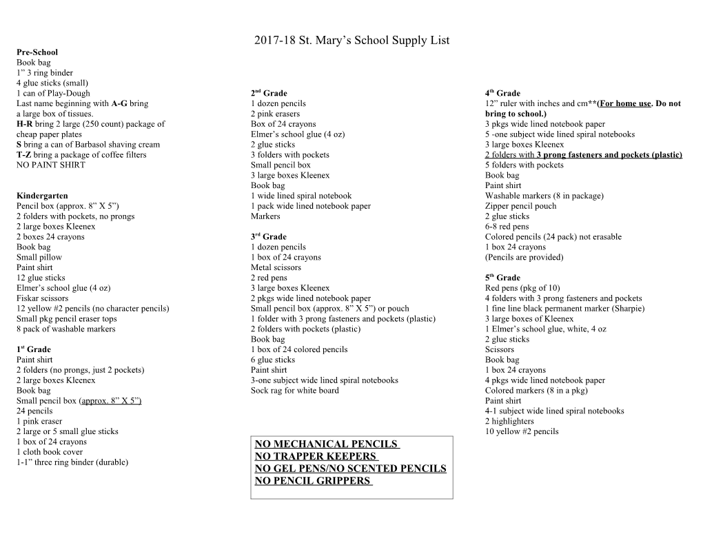 2017-18 St. Mary S School Supply List