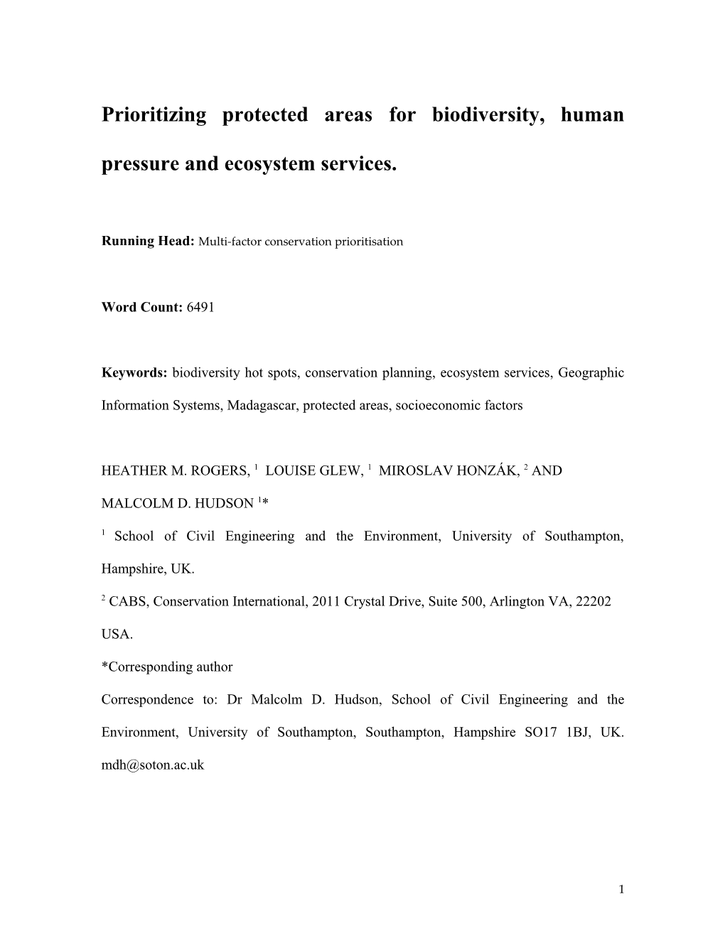 Prioritizing Madagascan Protected Areas for Biodiversity, Human Pressure and Ecosystem Services