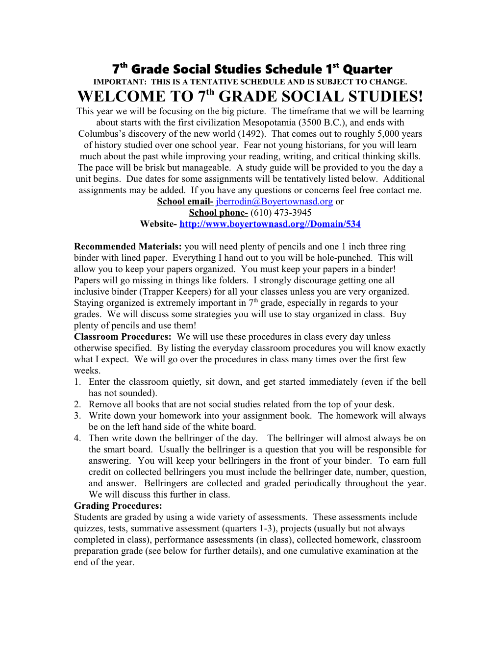 7Th Grade Social Studies Schedule 1St Quarter