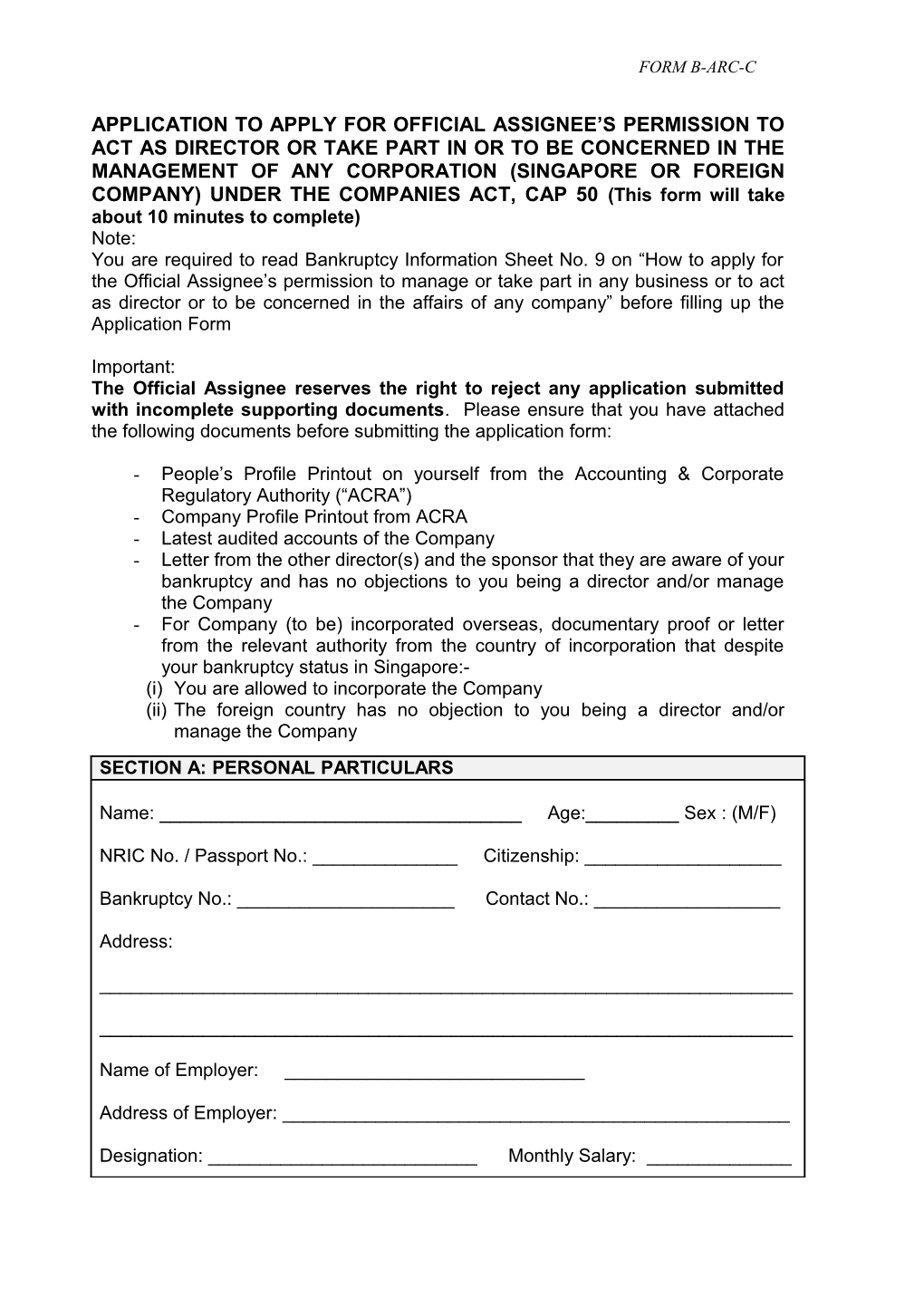 Application to Apply for Official Assignee S Permission to Act As Director Or Take Part