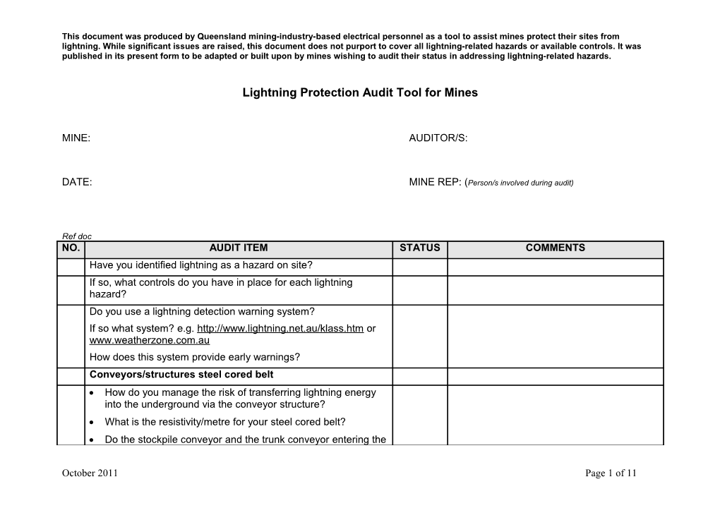 Lightning Protection Audit Tool for Mines