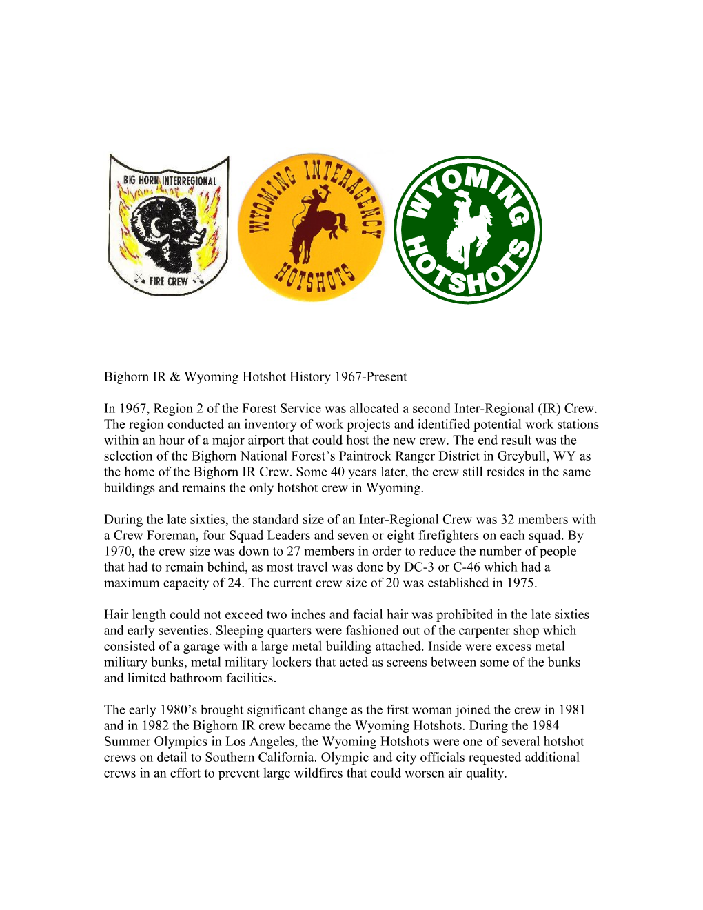 Bighorn IR & Wyoming Hotshot History 1967-Present