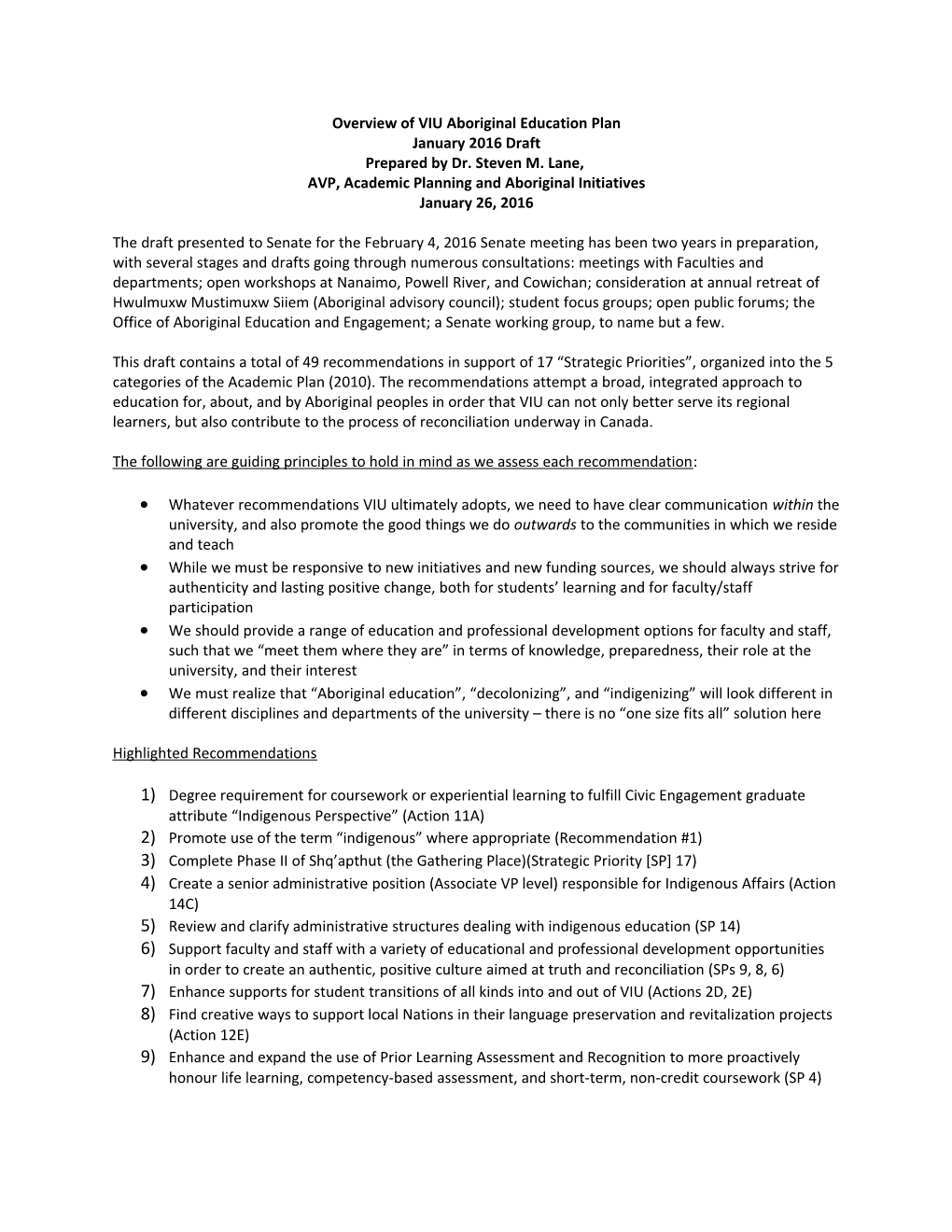Overview of VIU Aboriginal Education Plan