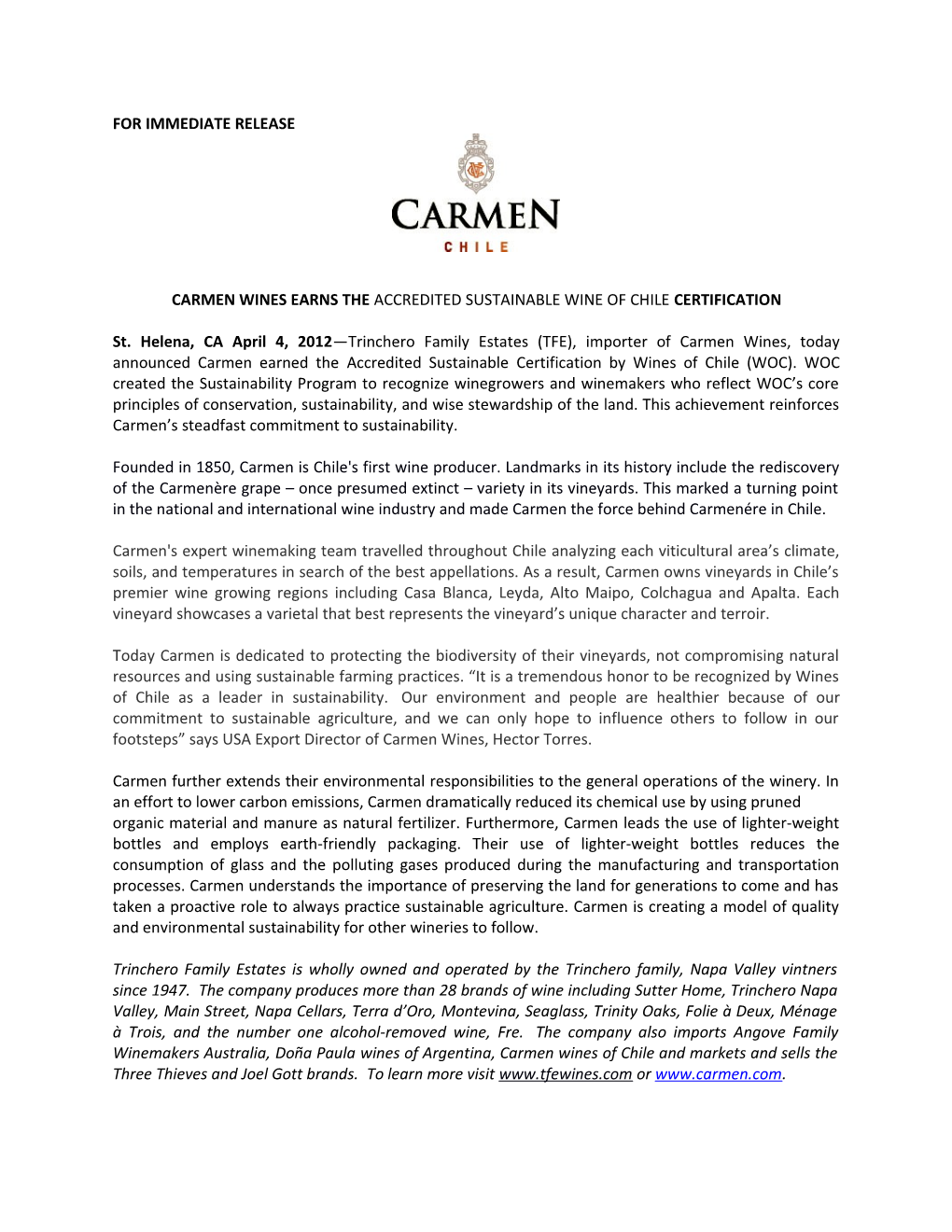 Carmen Wines Earns Theaccredited Sustainable Wine of Chile Certification