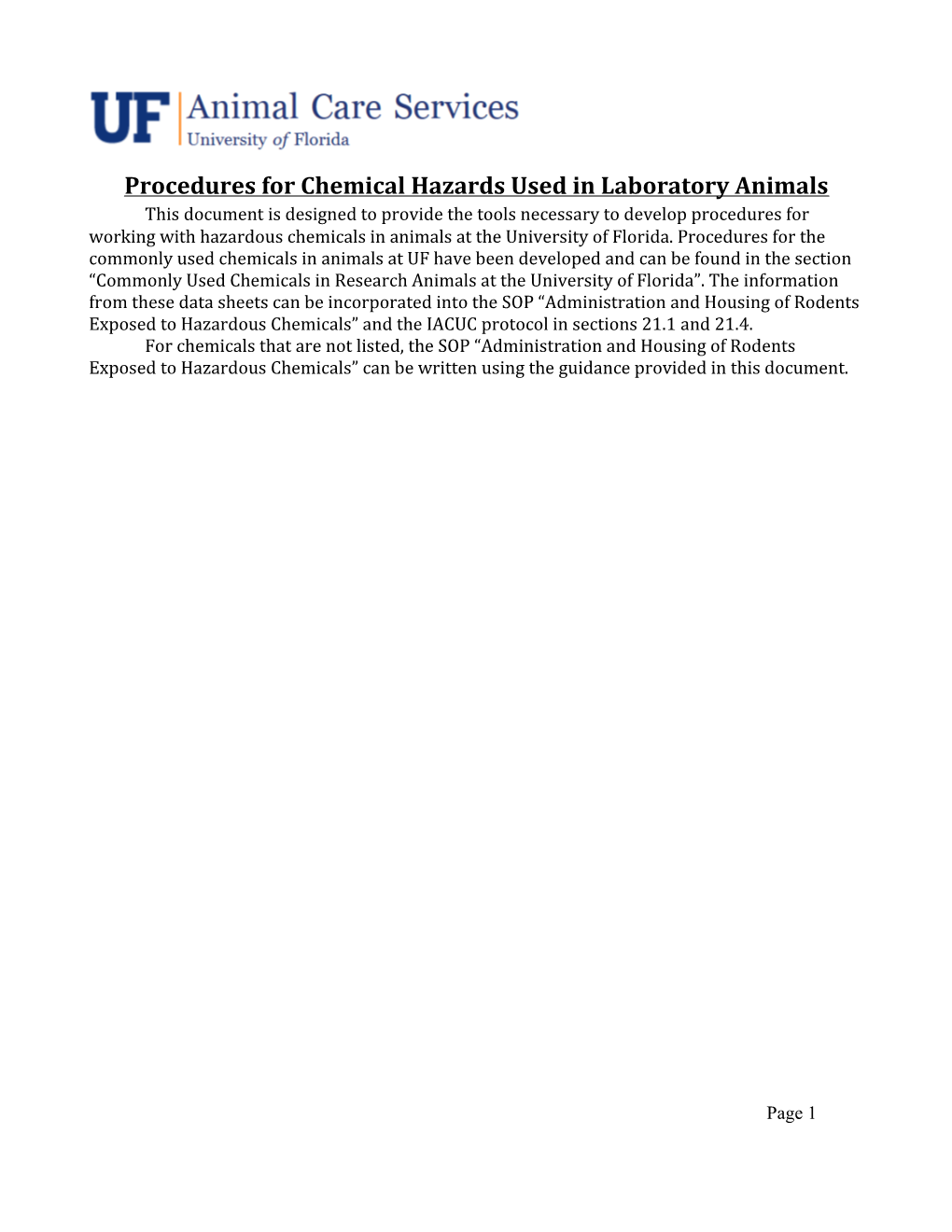 Procedures for Chemical Hazards Used in Laboratory Animals