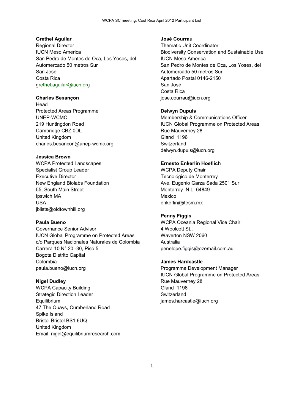 WCPA SC Meeting, Cost Rica April 2012 Participant List