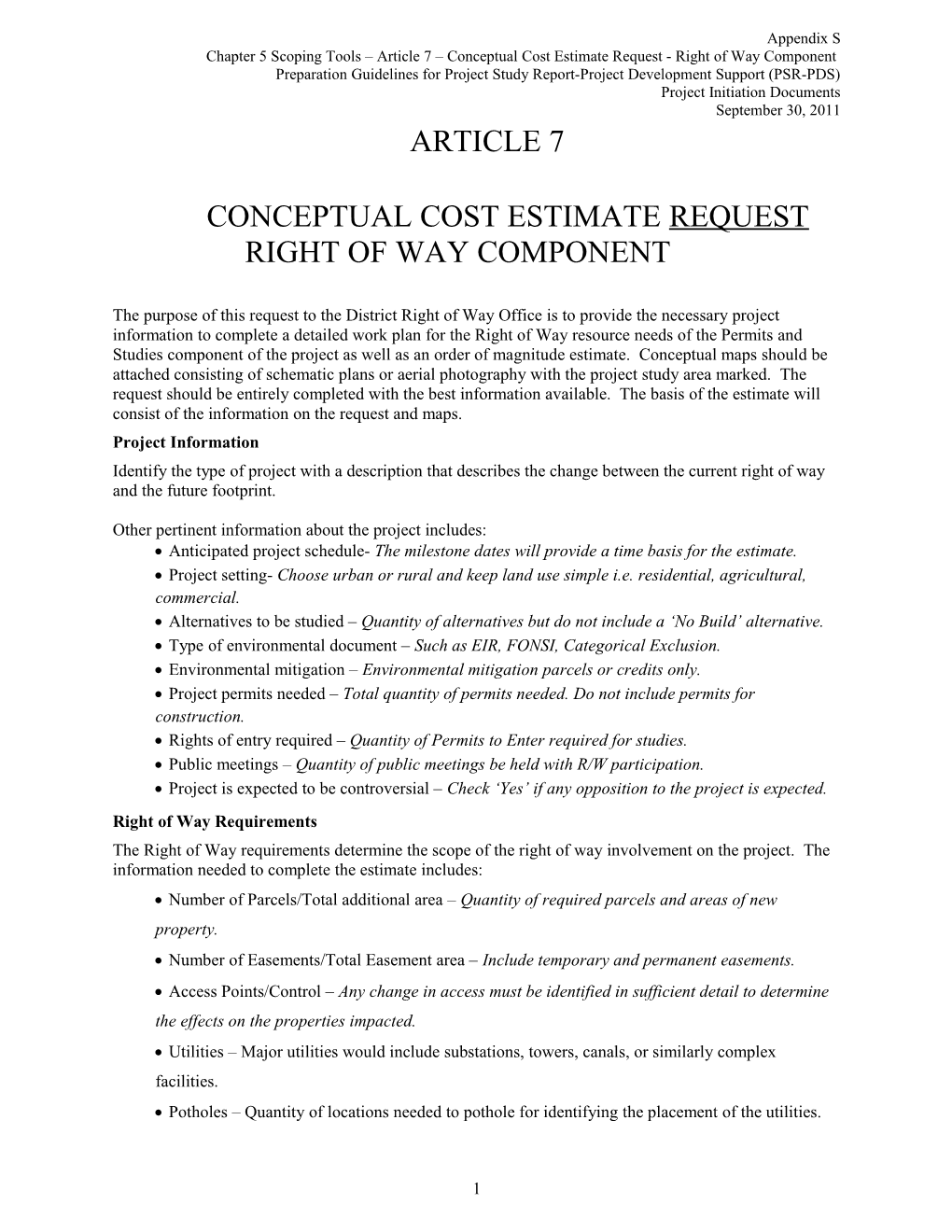 Chapter 5 Scoping Tools Article 7 Conceptual Cost Estimate Request - Right of Way Component