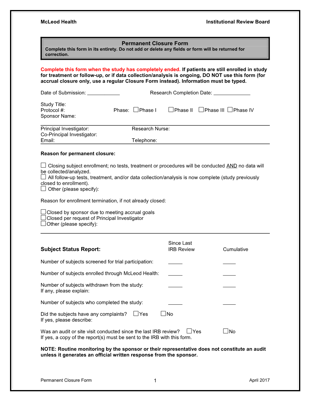 Permanent Closure Form