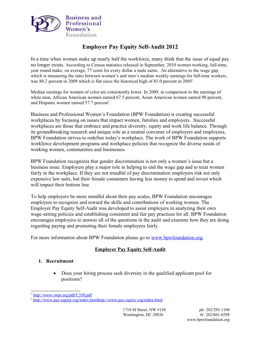Employer Pay Equity Self-Audit 2012