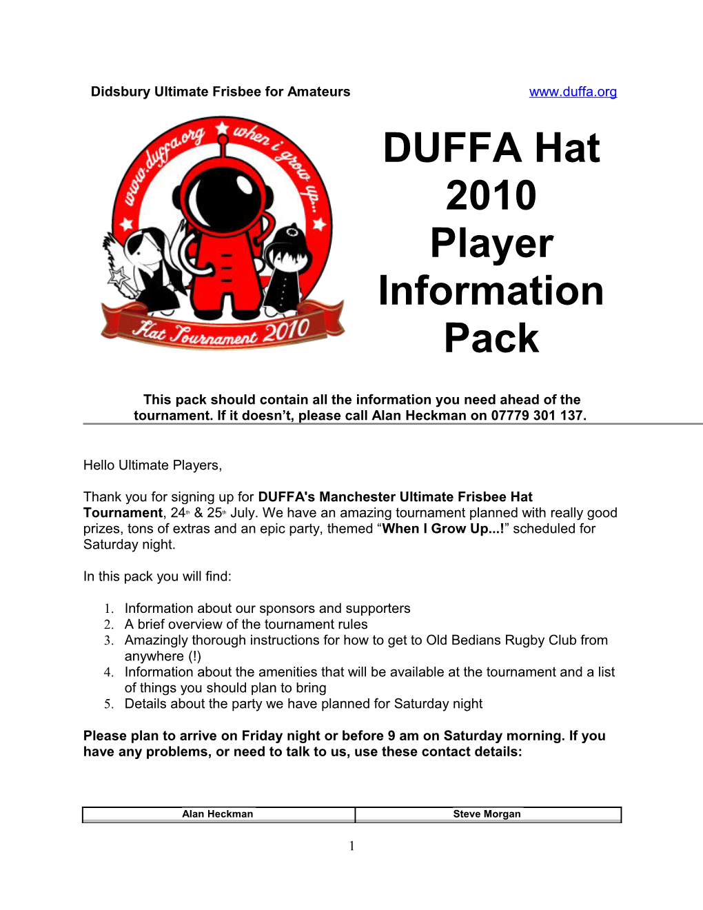 DUFFA Hat 2010 Players Pack