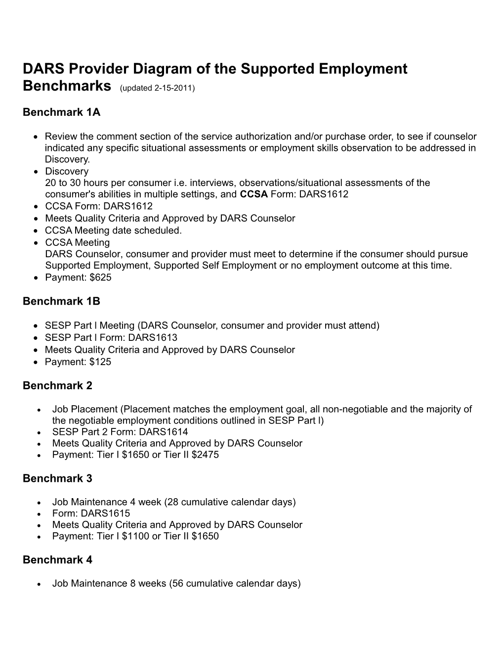 DARS Provider Diagram of the Supported Employment Benchmarks (Updated 2-15-2011)