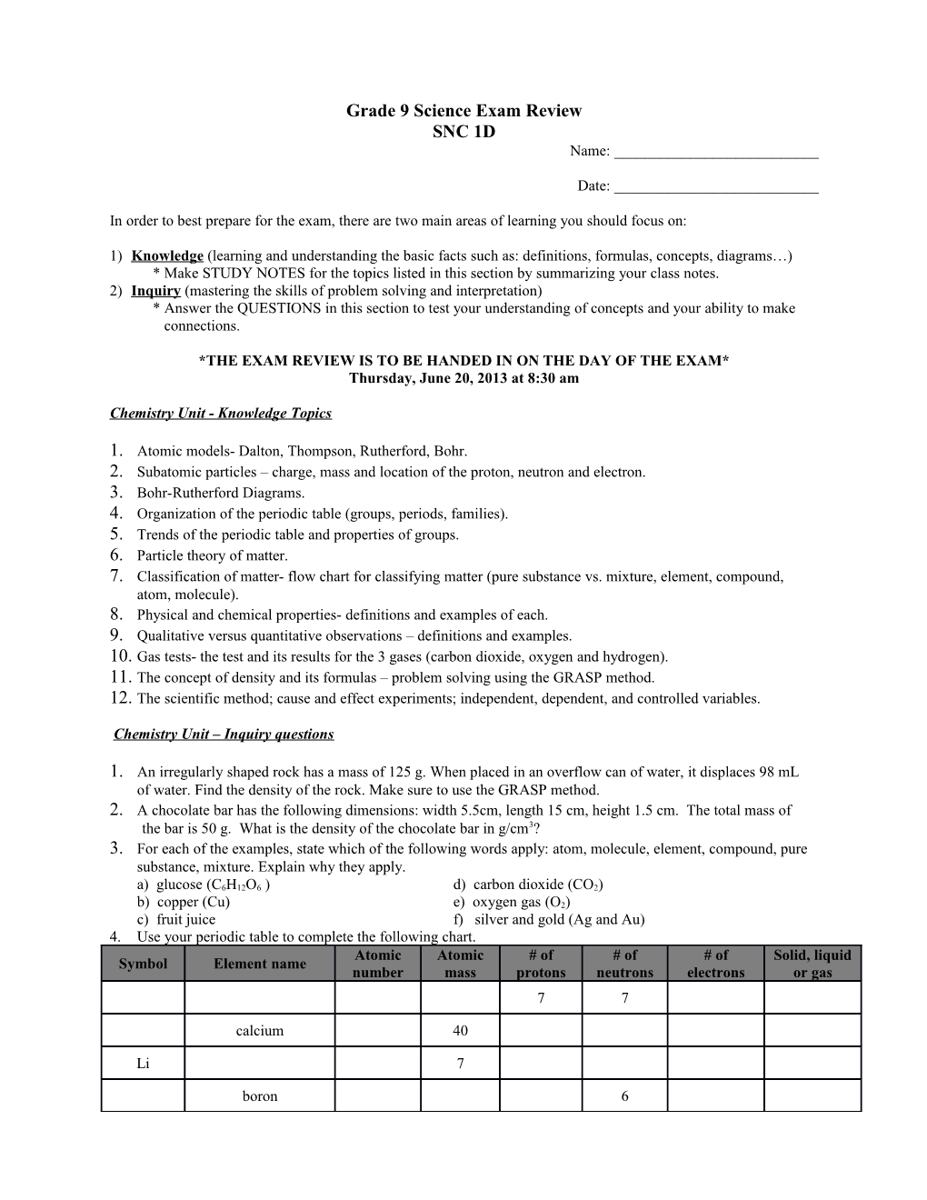 Grade 9 Science Exam Review