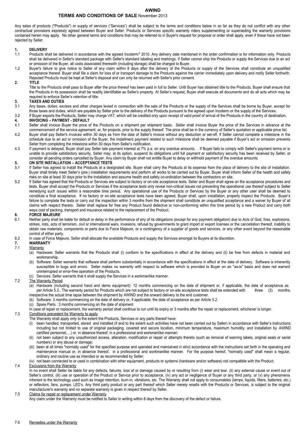 TERMS and CONDITIONS of SALE November2013