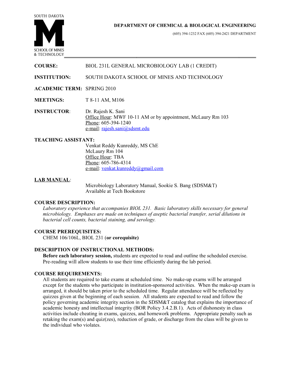 Course:Biol 231L General Microbiology Lab (1 Credit)