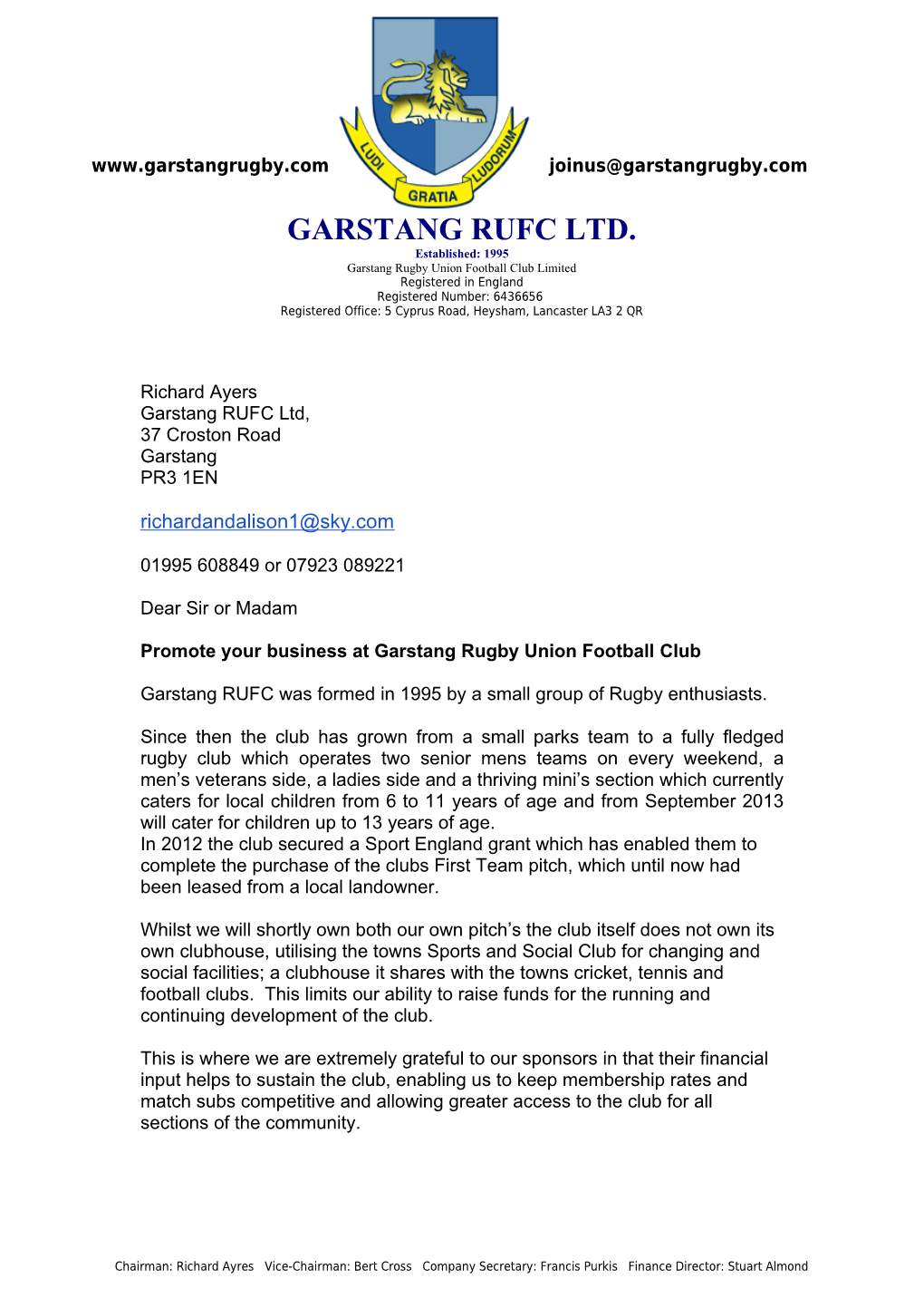 Promote Your Business at Garstang Rugby Union Football Club