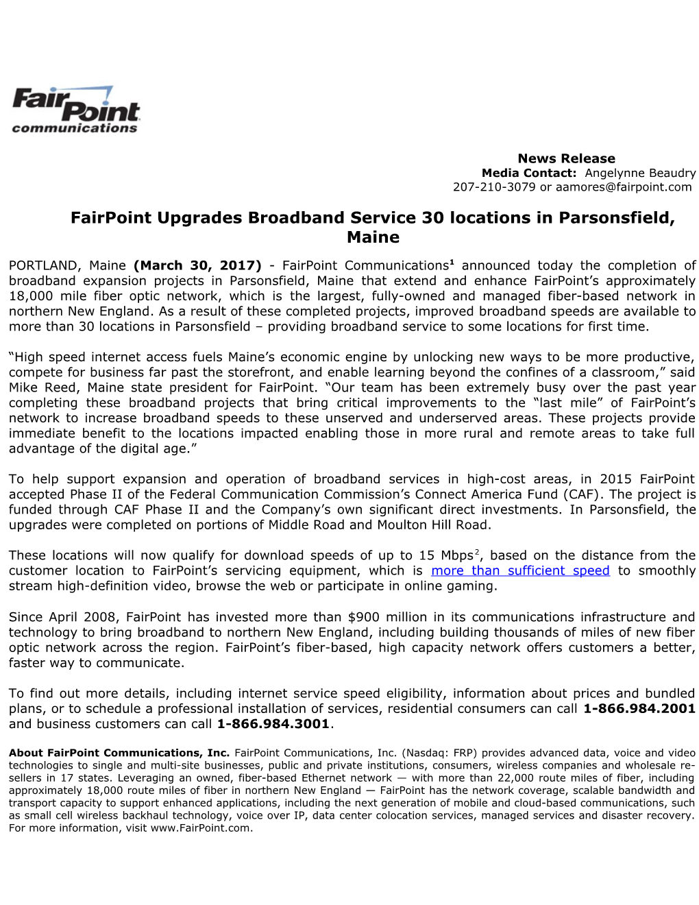 Fairpoint Upgrades Broadband Service 30 Locations in Parsonsfield, Maine