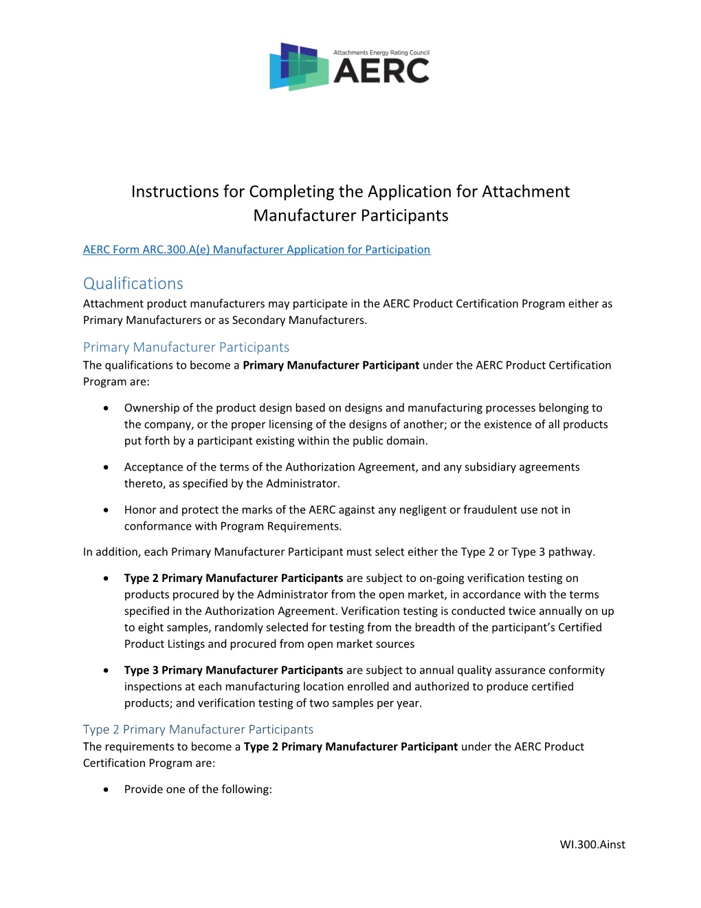 AERC Form ARC.300.A(E) Manufacturer Application for Participation