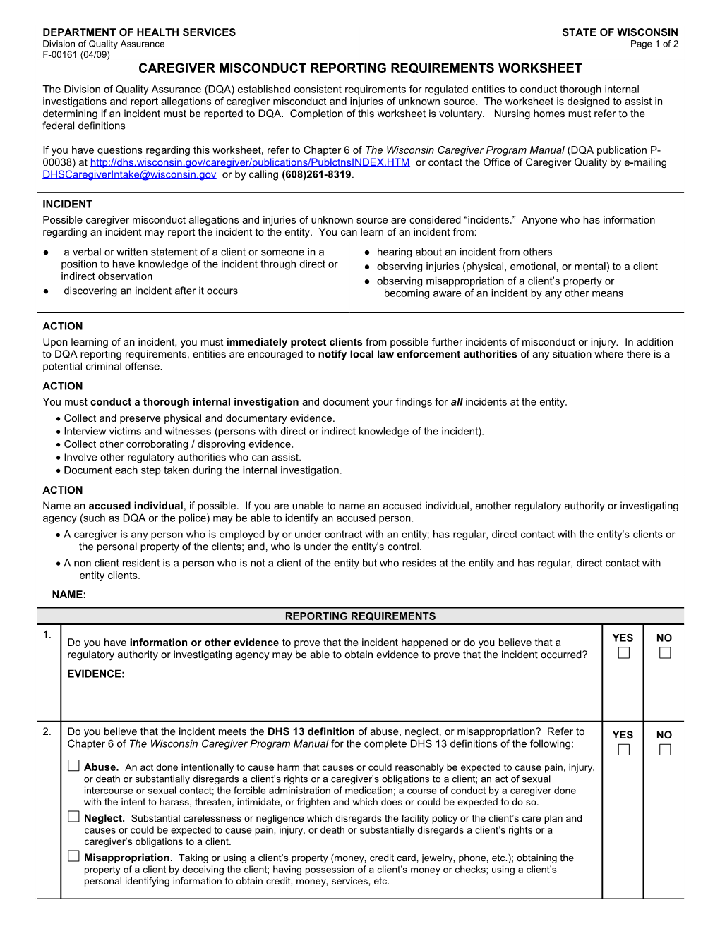 Caregiver Misconduct Reporting Requirements Worksheet, F-00161