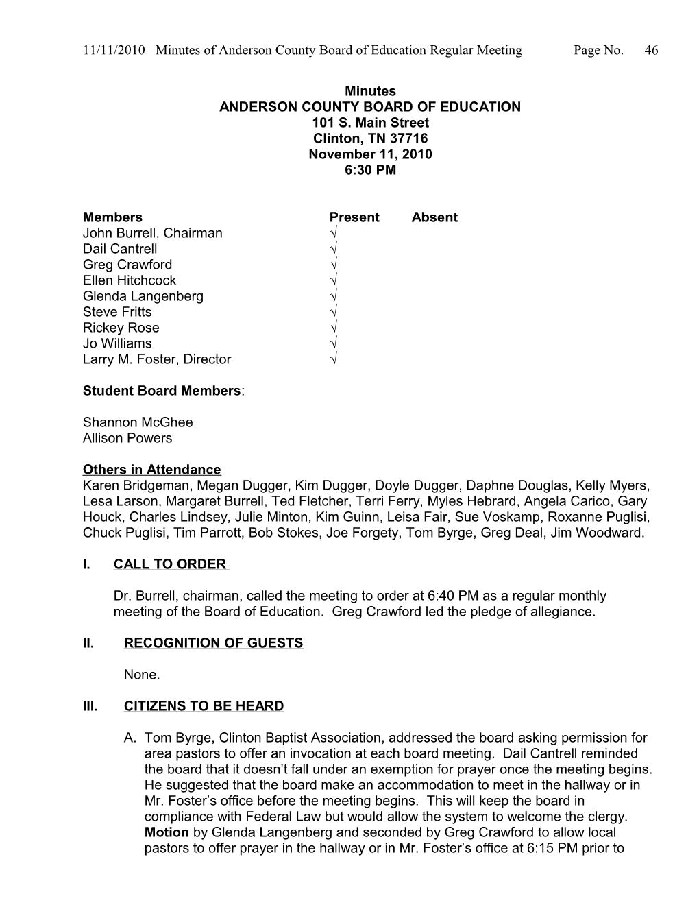11/11/2010 Minutes of Andersoncounty Board of Education Regular Meeting Page No