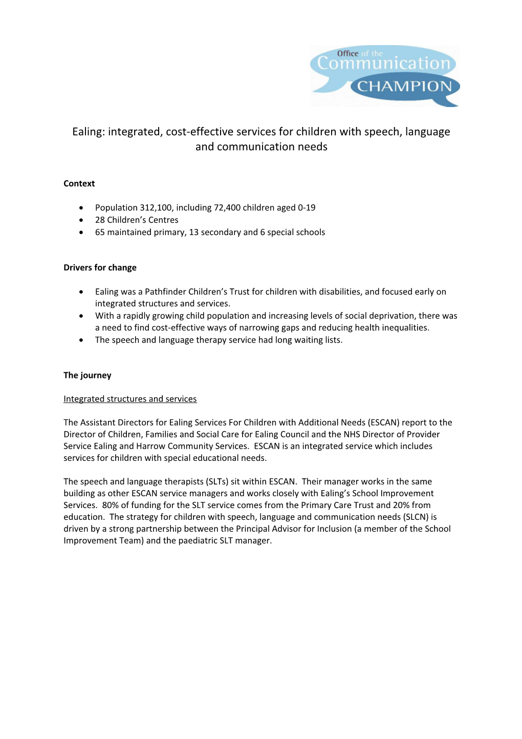 Ealing: Integrated, Cost-Effective Services for Children with Speech, Language and Communication
