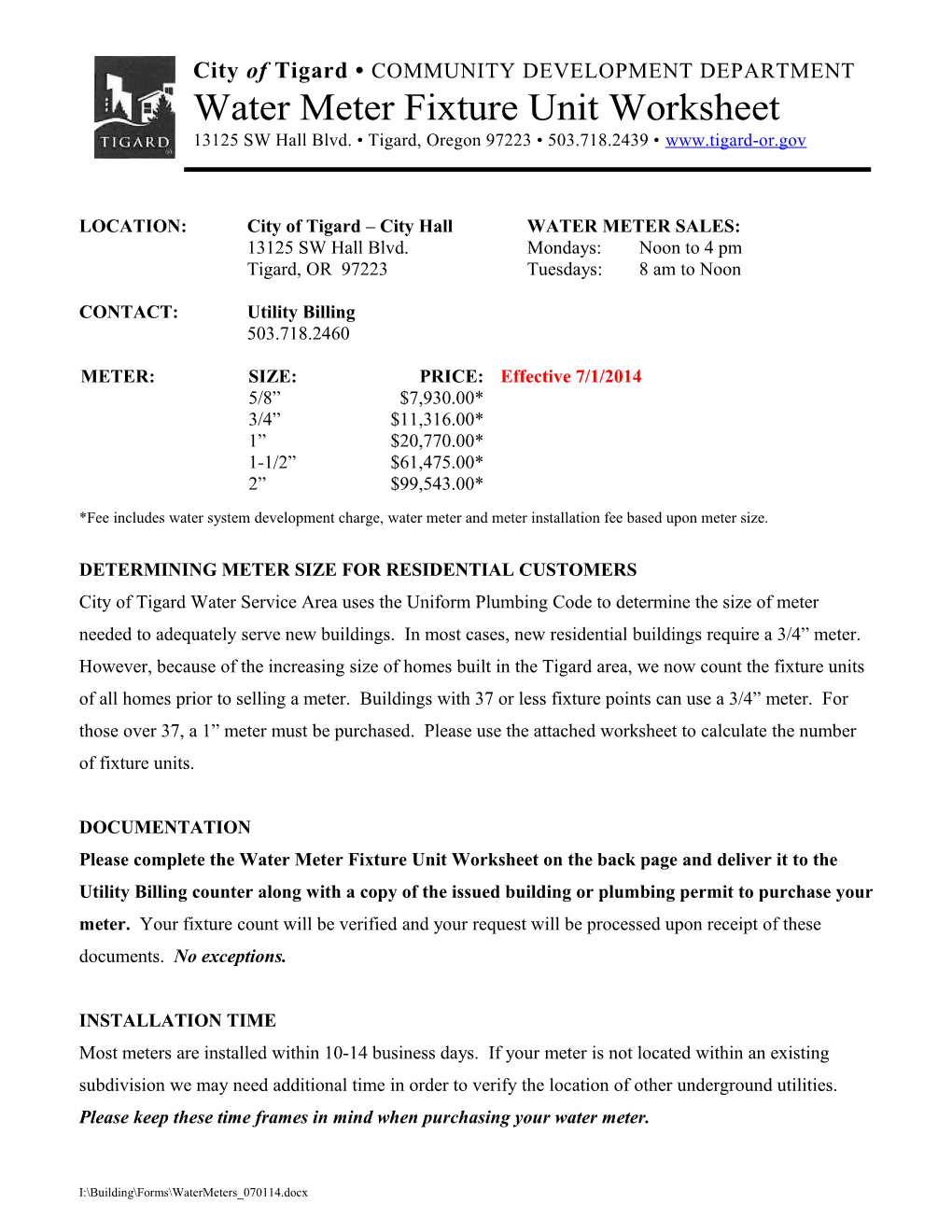 LOCATION:City of Tigard City Hallwater METER SALES