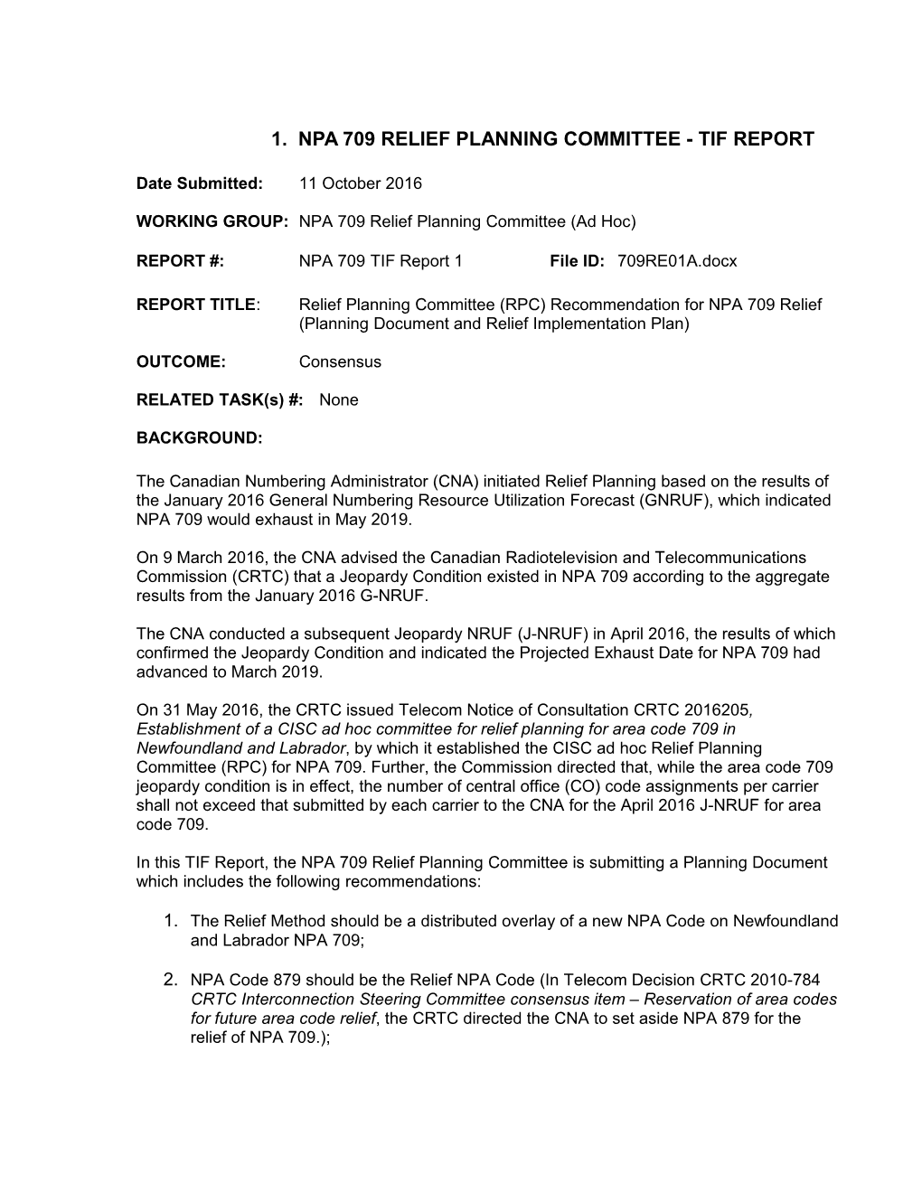 Npa 709 Relief Planning Committee - Tif Report