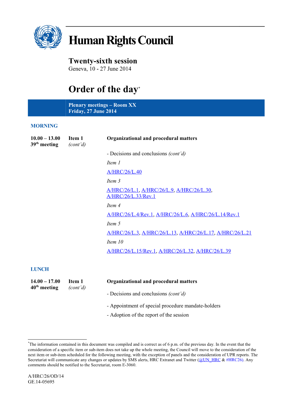 Order of the Day, Friday, 27 June 2014 in English (Word)