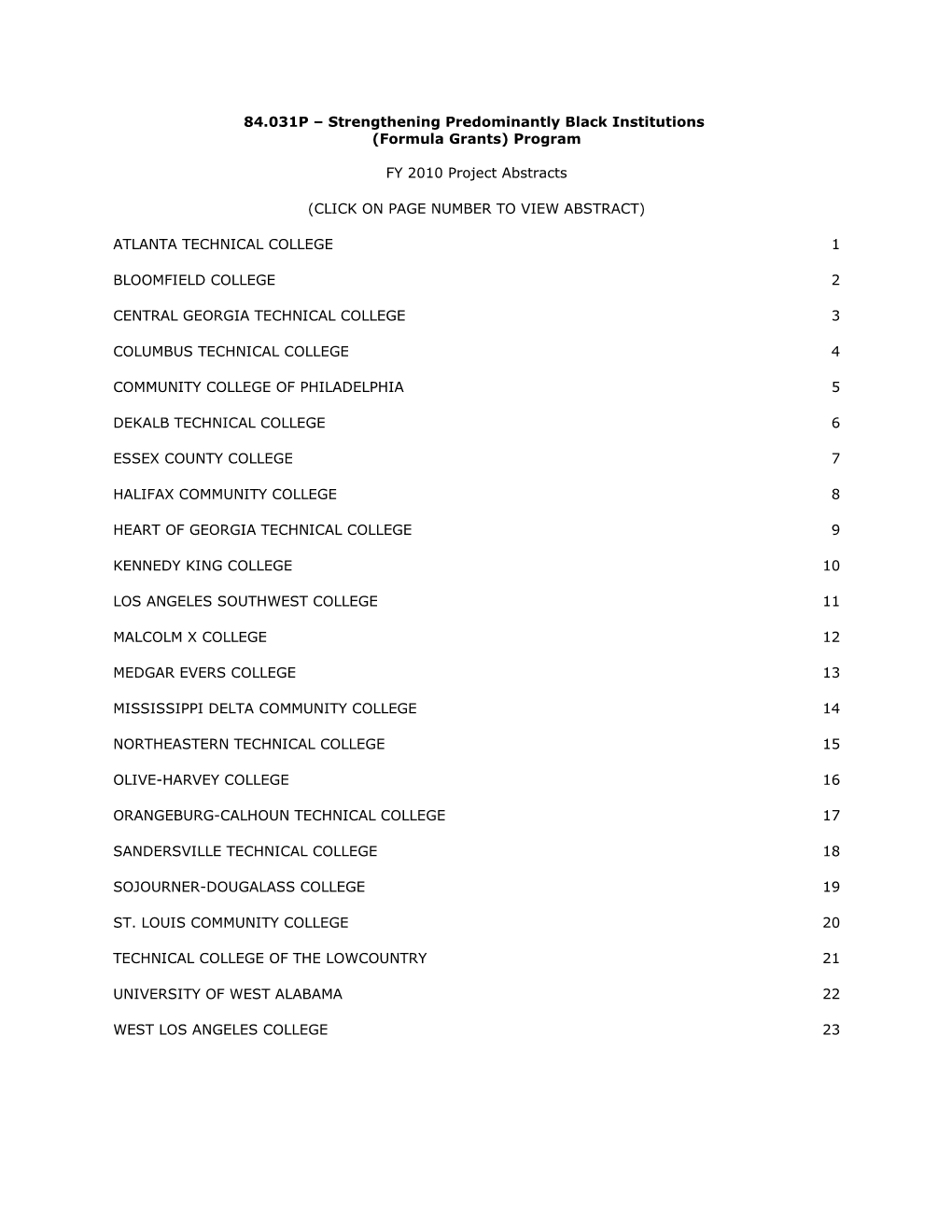 FY 2010 Project Abstracts for the Predominantly Black Institutions Formula Grant Program