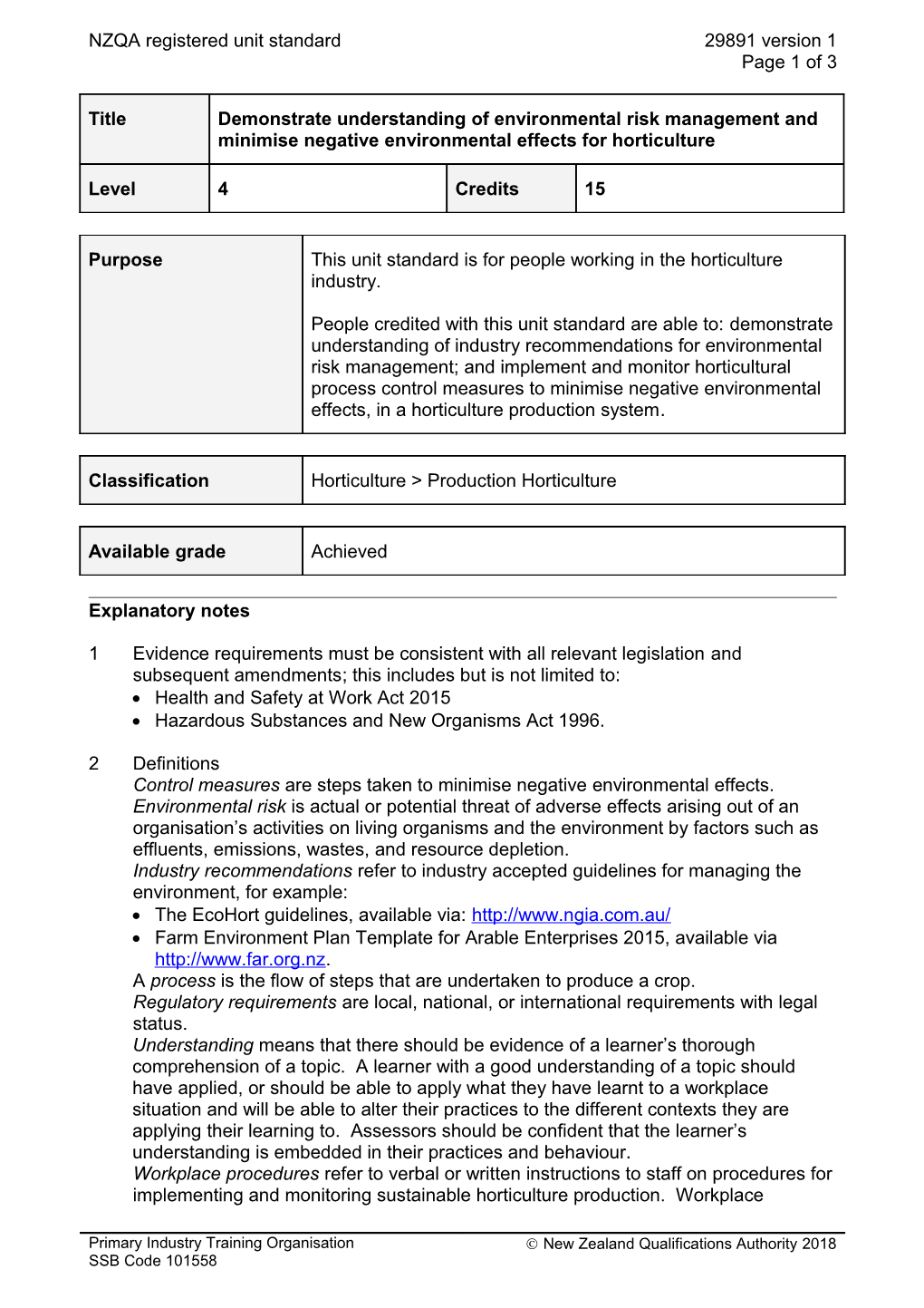 29891 Demonstrate Understanding of Environmental Risk Management and Minimise Negative