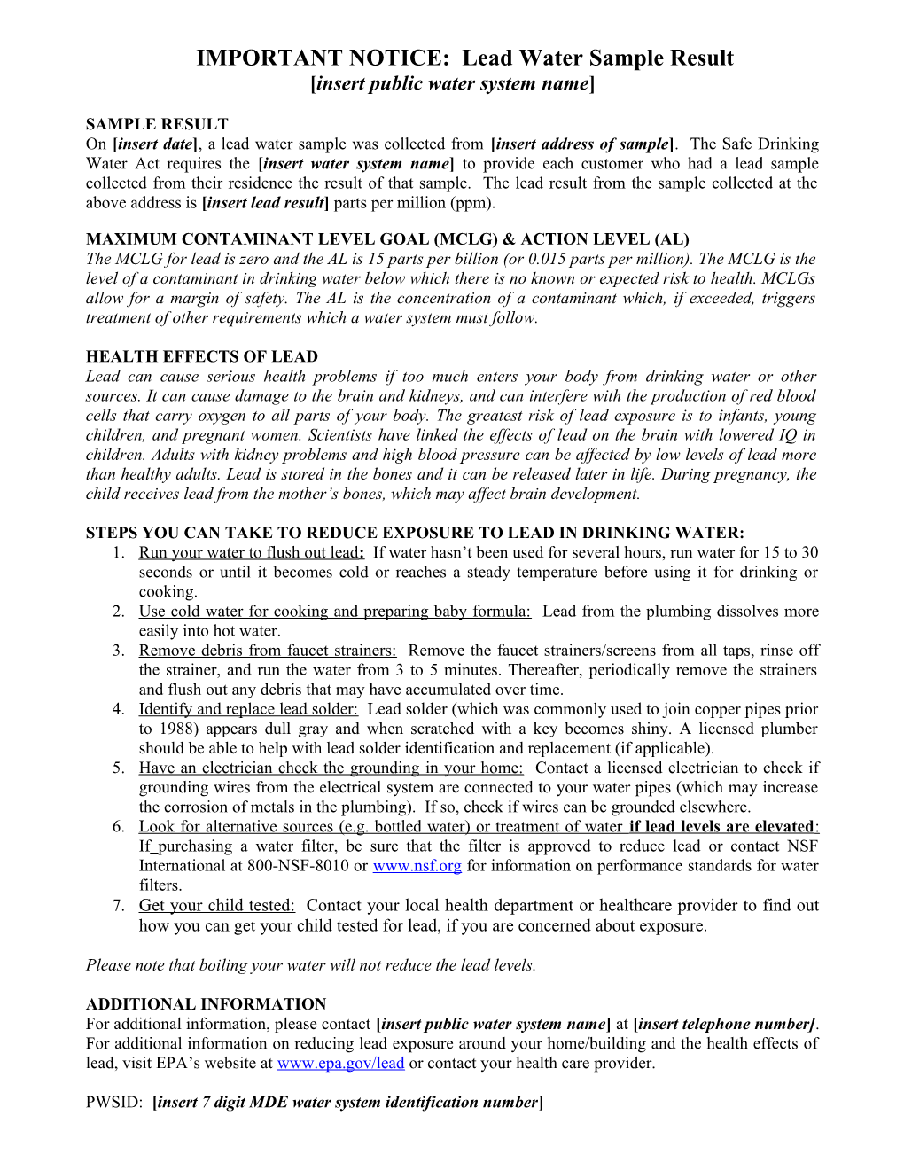 IMPORTANT: Lead Water Sample Result