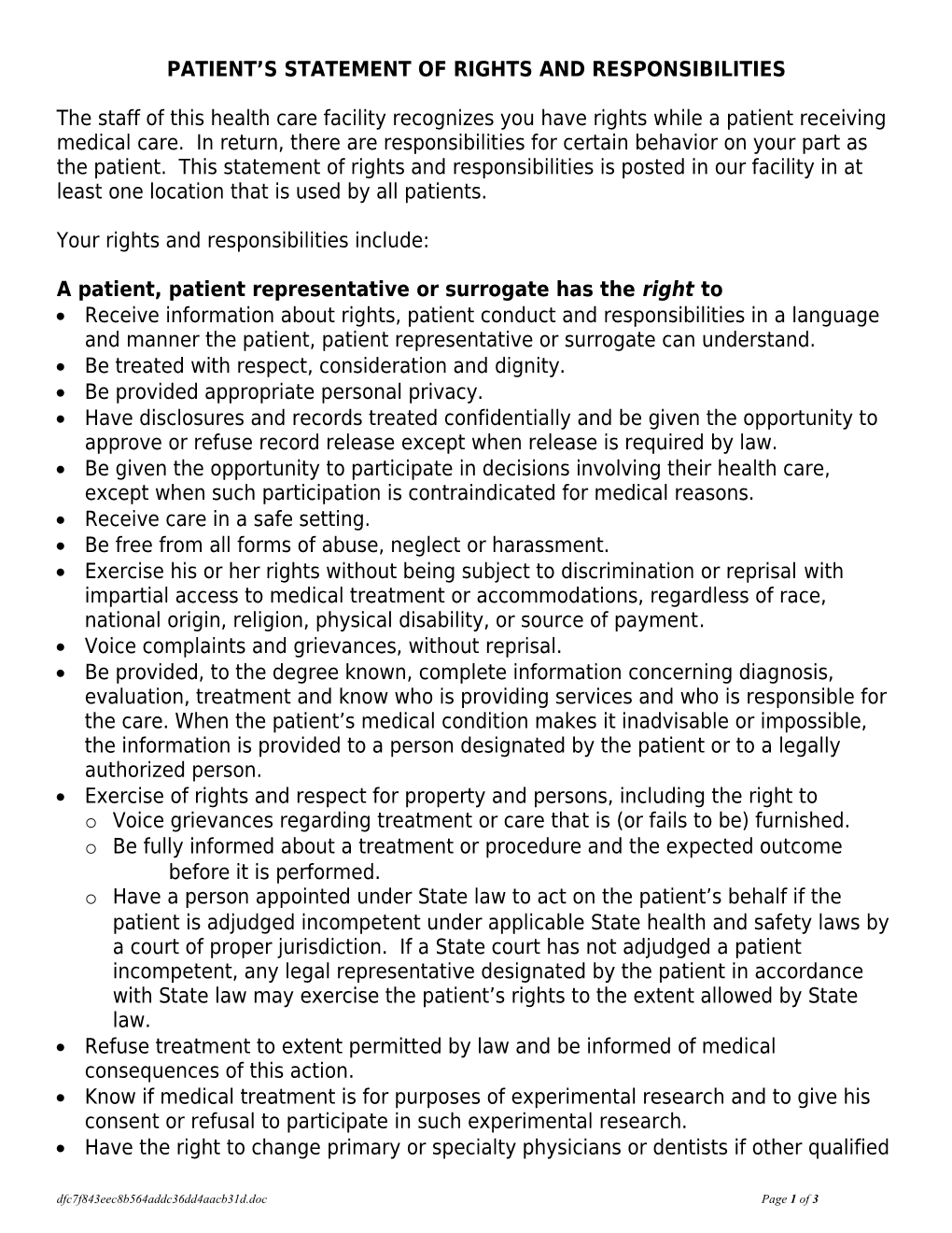 Patient S Bill of Rights and Responsibilities