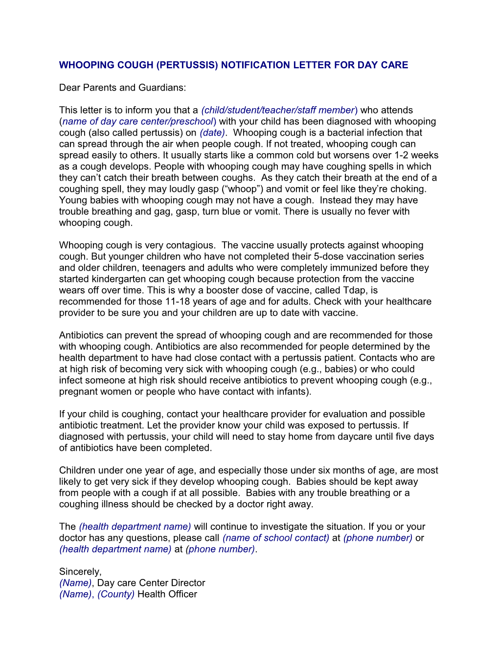 Pertussis Sample Letter Daycare