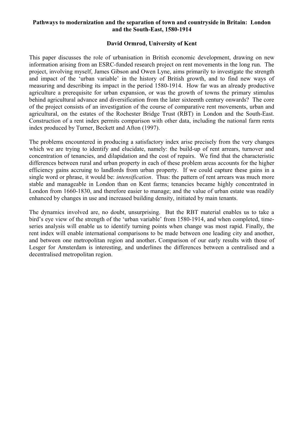 Pathways to Modernization and the Separation of Town and Countryside in Britain