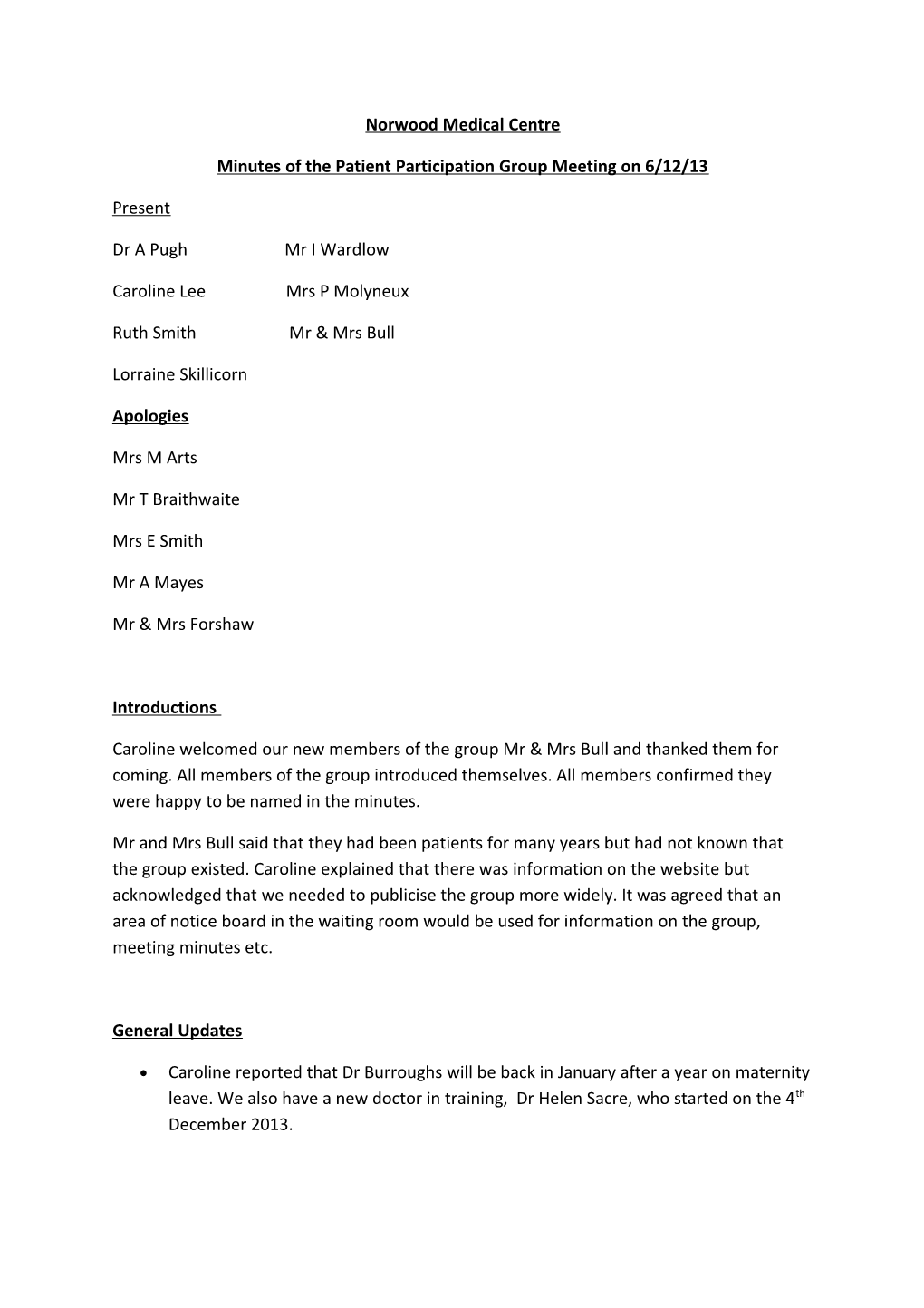 Minutes of the Patient Participation Group Meeting on 6/12/13