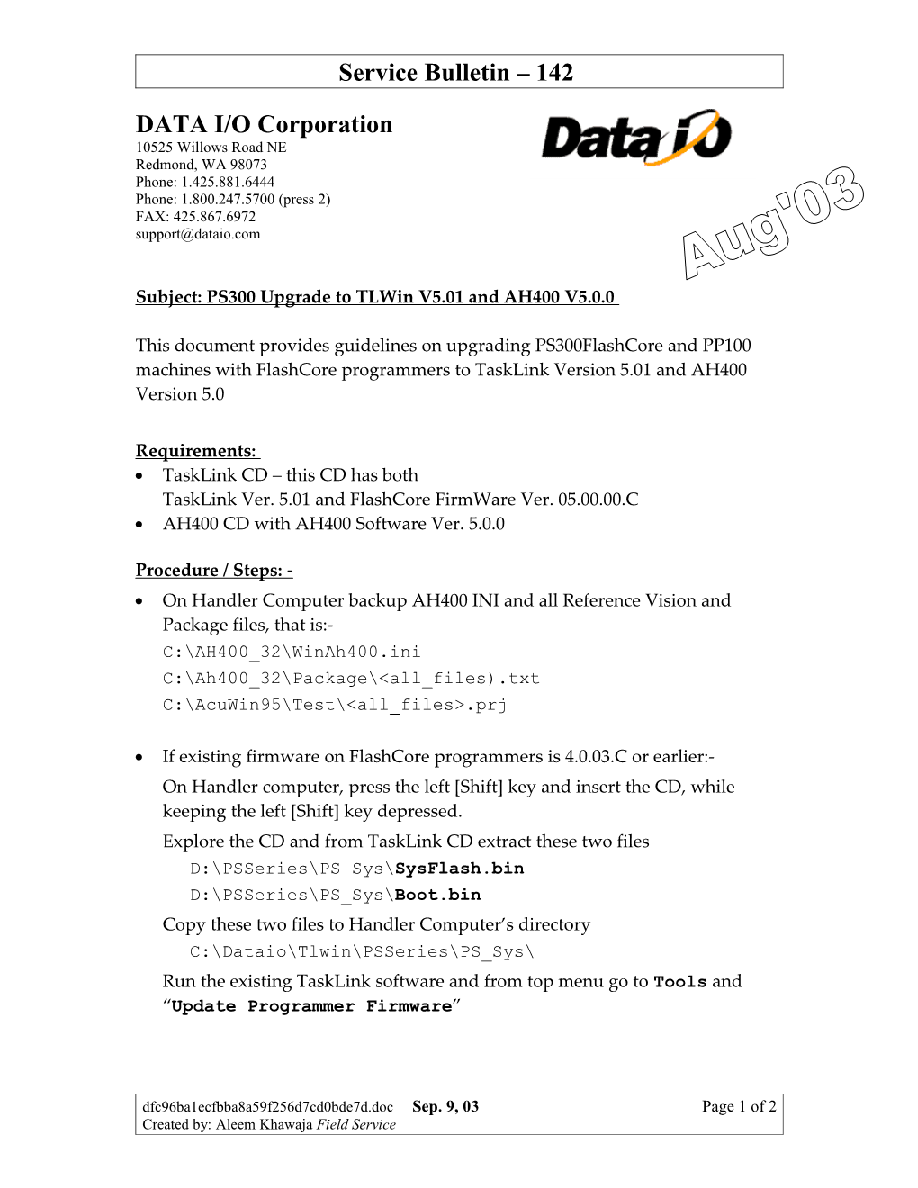 SB 142 PS300 Upgrade to Tlwin V5.01 and AH400 V5.0.0