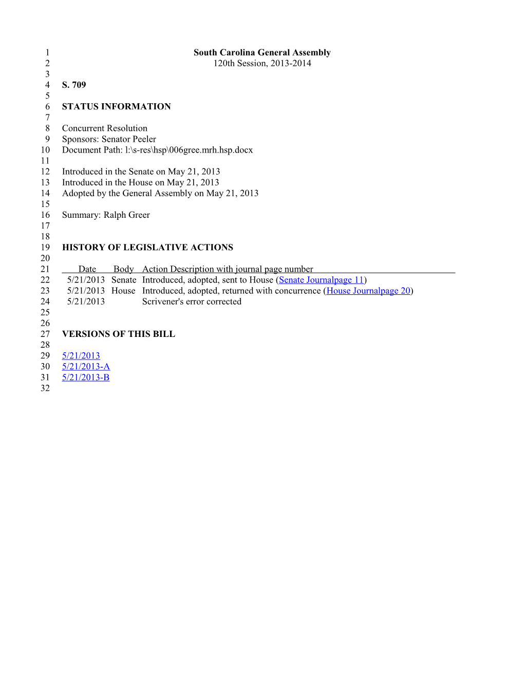 2013-2014 Bill 709: Ralph Greer - South Carolina Legislature Online