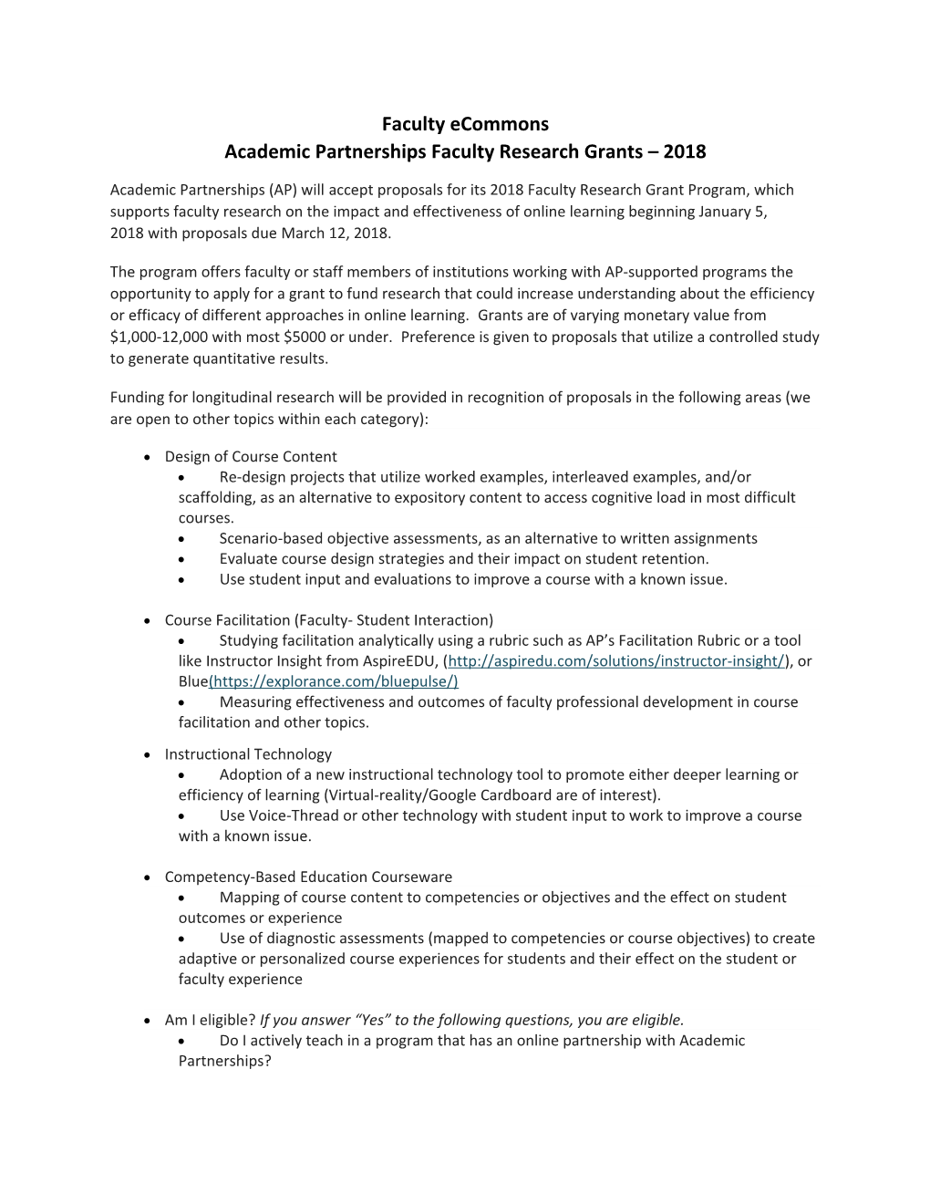 Academic Partnerships Faculty Research Grants 2018