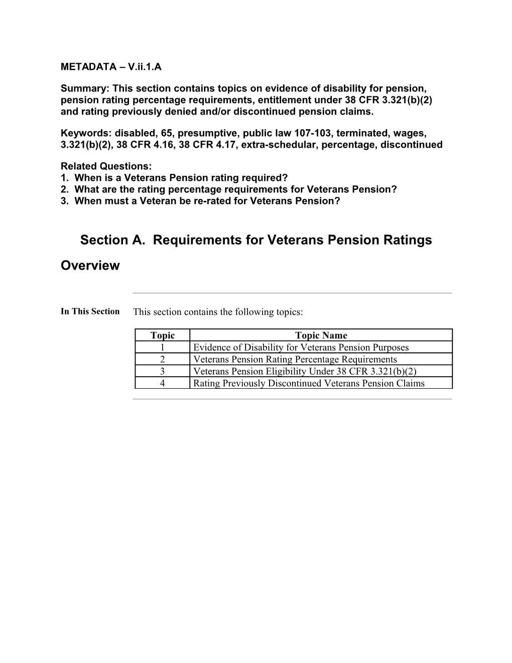 1. When Is a Veterans Pension Rating Required?