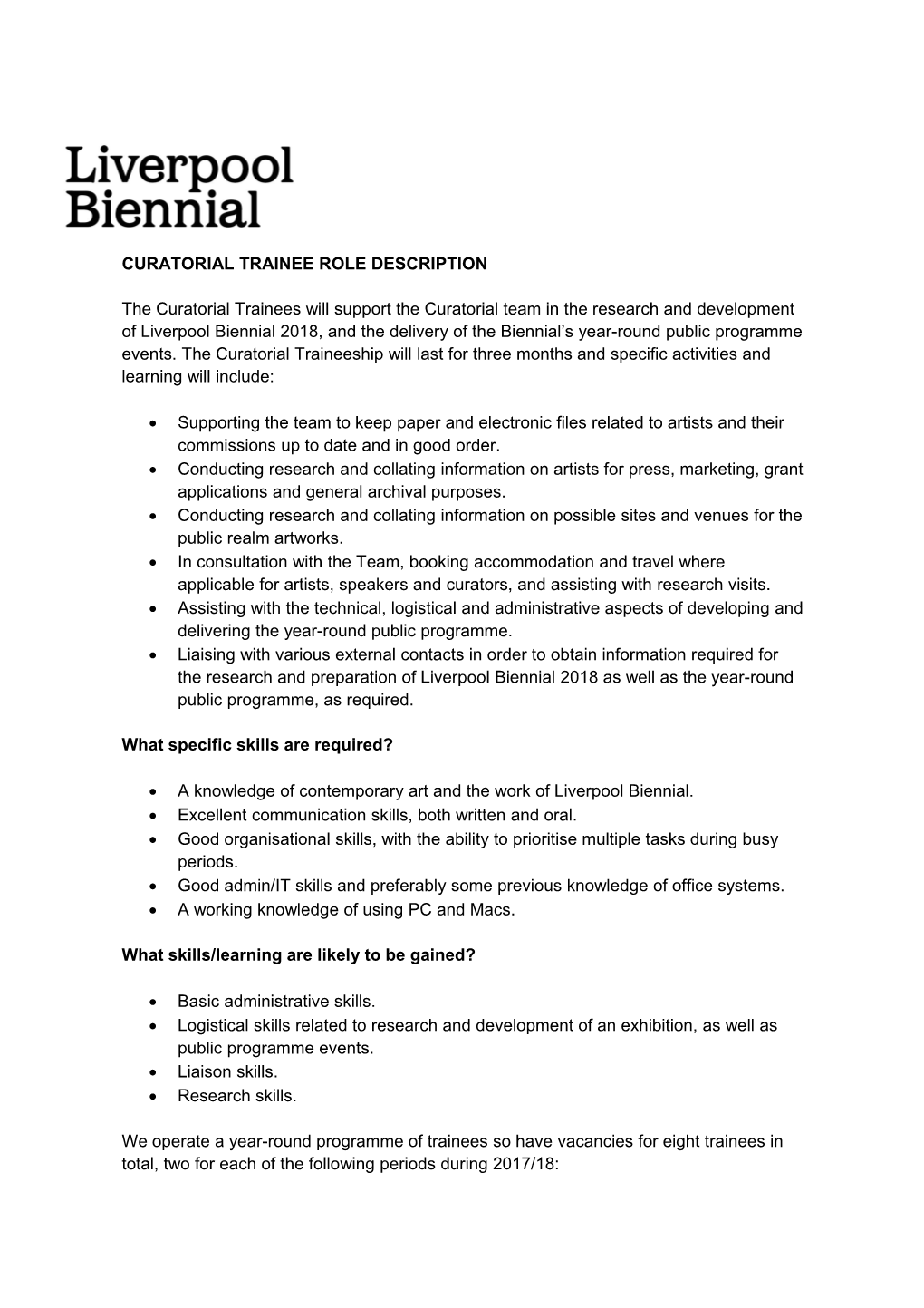 Curatorial Trainee Role Description