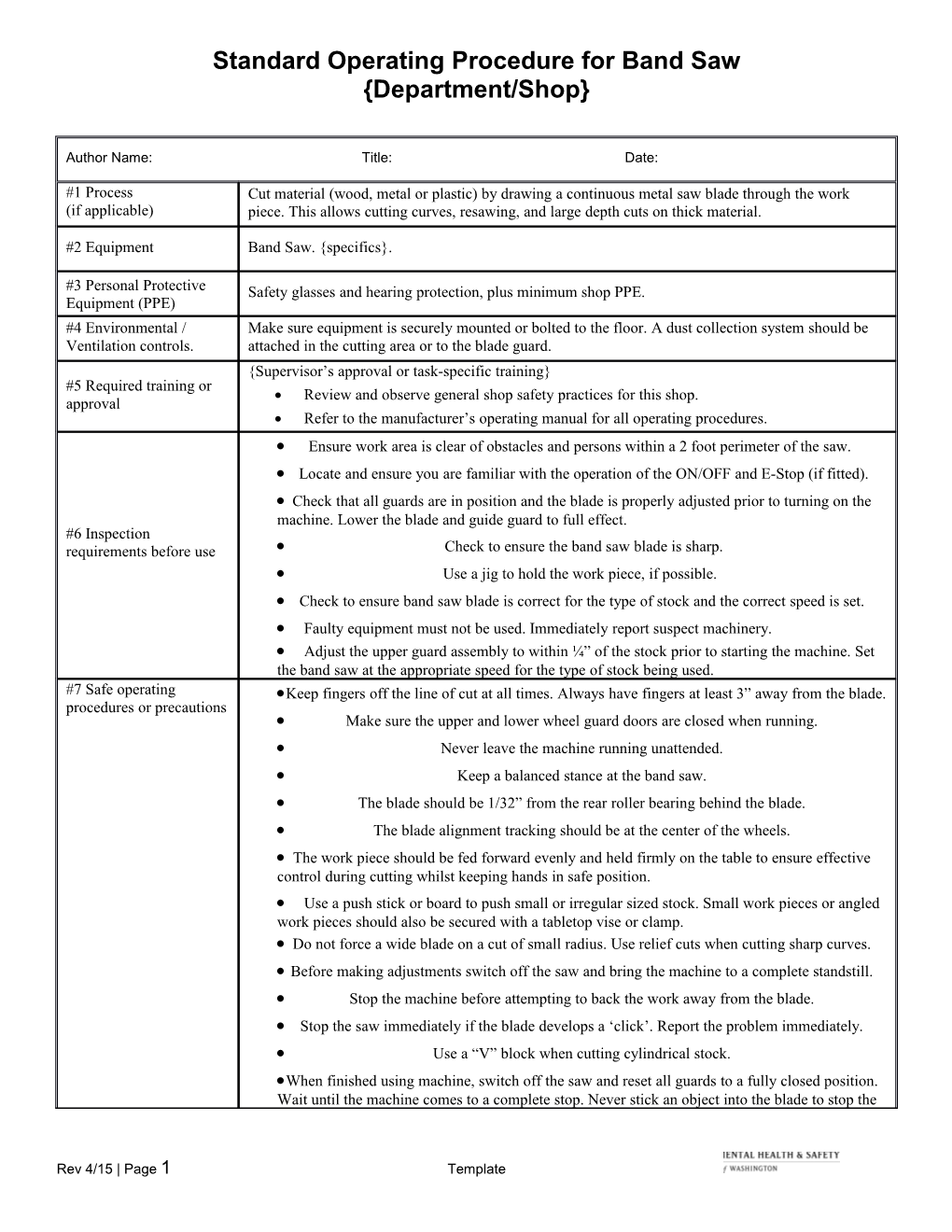 Standard Operating Procedure for Bandsaw Department/Shop