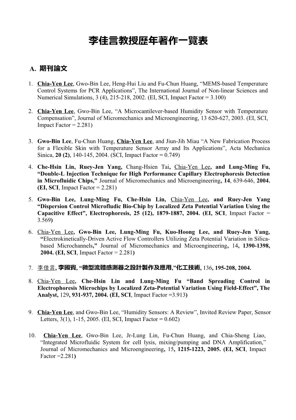 1.Chia-Yen Lee, Gwo-Bin Lee, Heng-Hui Liu and Fu-Chun Huang, MEMS-Based Temperature Control