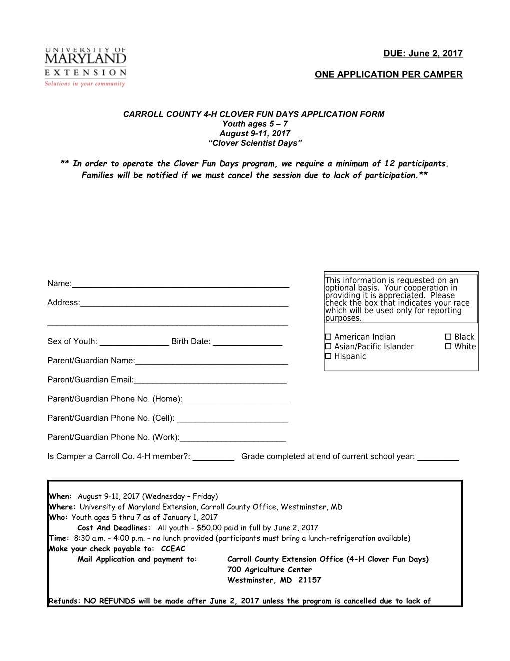 Carroll County 4-H Clover Fun Days Application Form