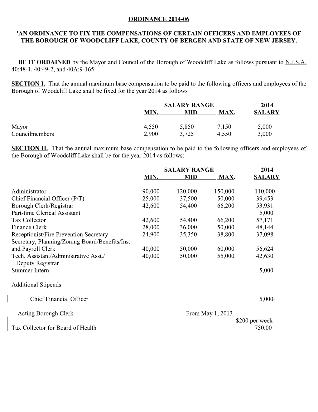 'An Ordinance to Fix the Compensations of Certain Officers and Employees of the Borough