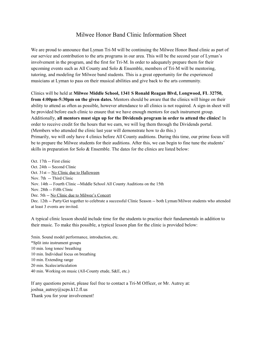 Milwee Honor Band Clinic Information Sheet