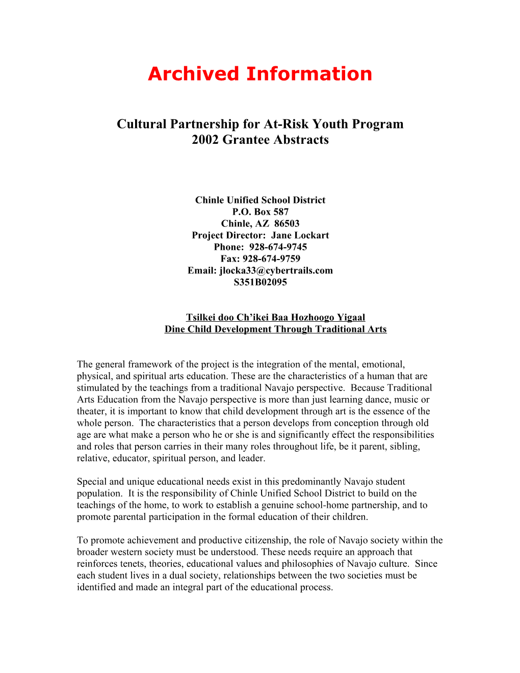 Archived Information: 2002 Cultural Partnership for At-Risk Youth Program Abstracts (MS Word)